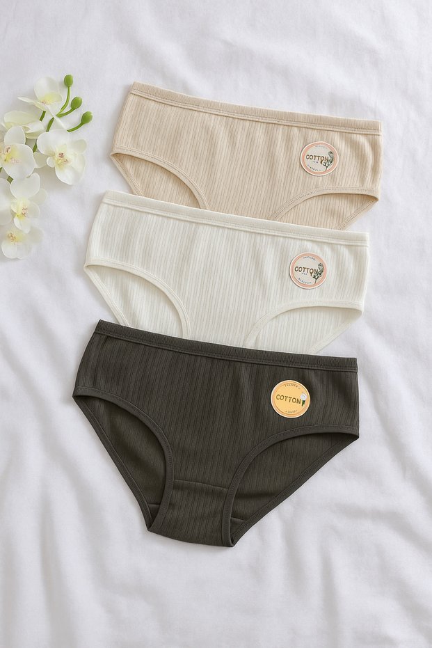 Set of 3 Women's Rib Fabric Cotton Bato Panties with Report - Breathable Comfortable Fabric