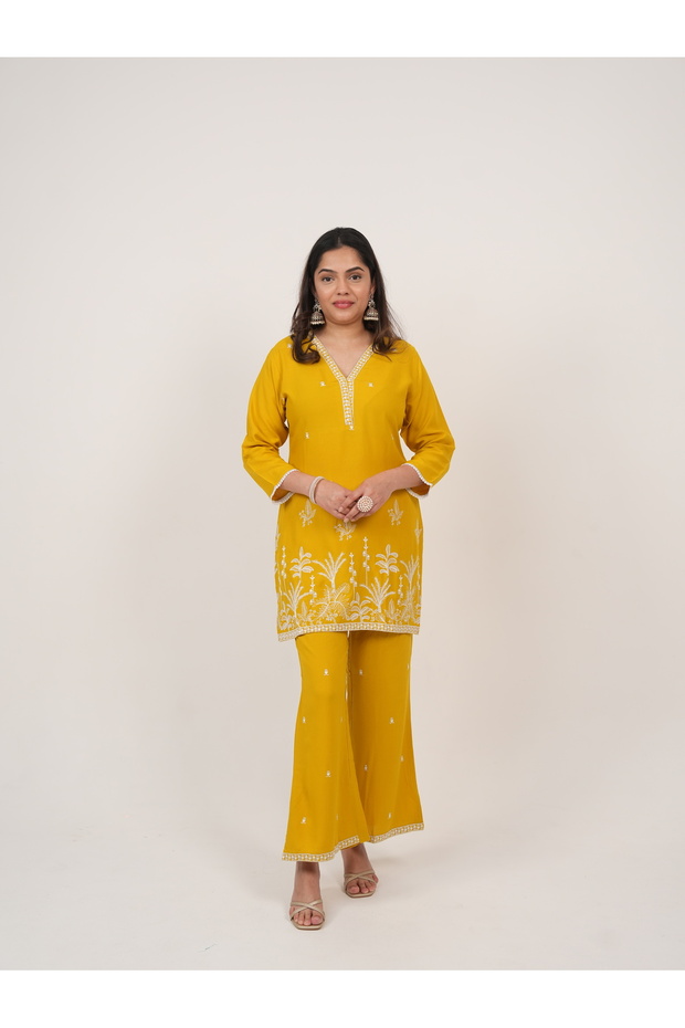 Mustard Embroidered Kurta Pant Set