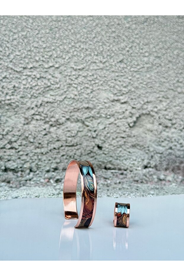 LAJA-2509 | Aura Serisi-Mavi Yaprak | El Yapımı Bakır Takı 2'li Set - Bakır Bileklik & Bakır Yüzük - 3
