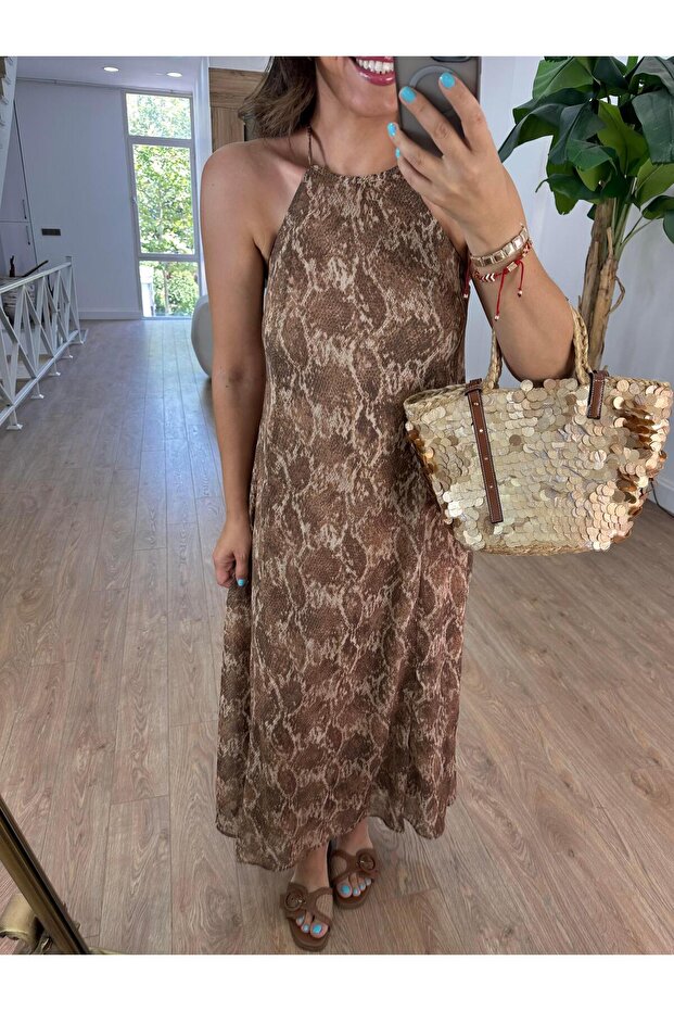 Snake Pattern Halter Chiffon Dress - 4