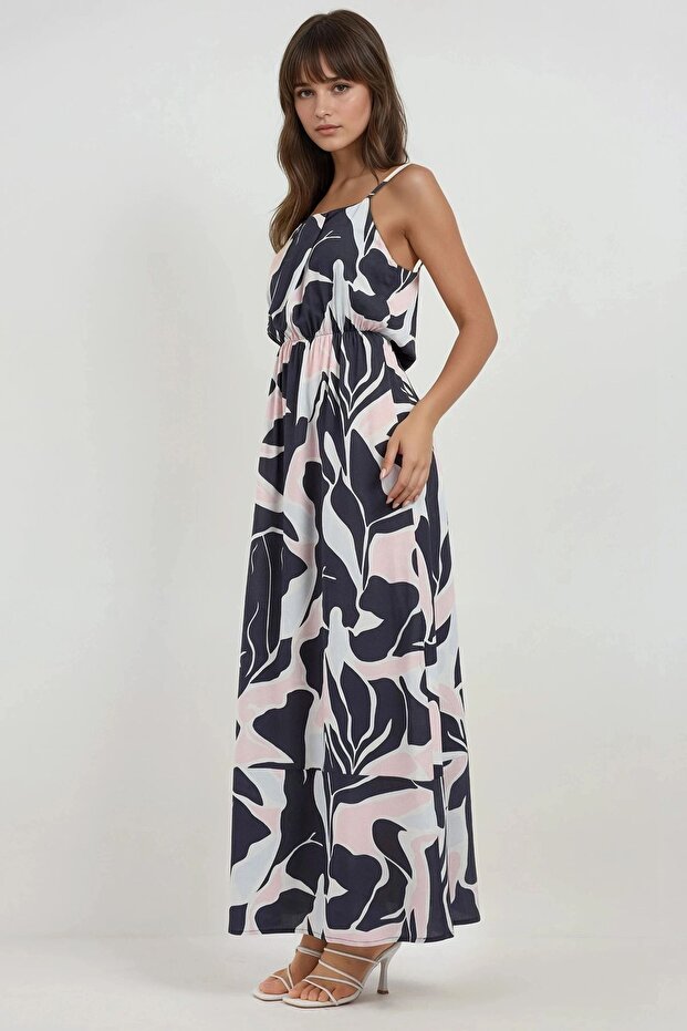 Kare Yaka Desenli Maxi Elbise - 4