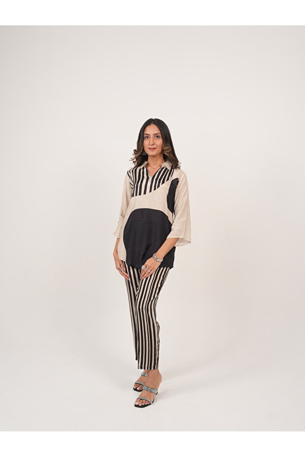 Black & Beige Striped Co-ord Set