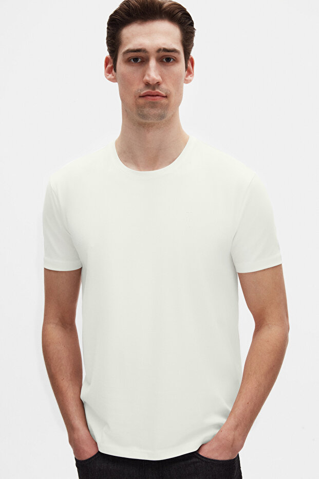 Slim Fit Ecru Plain Embossed Printed T-Shirt