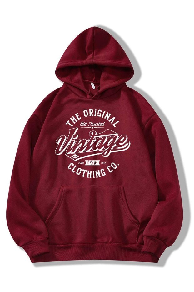 Claret Red Unisex Claret Red Hooded Vintage Printed Hoodie
