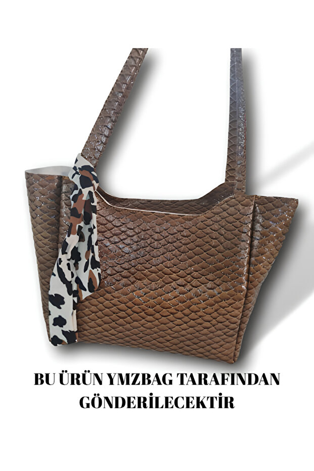 Tan Raindrop Scarf Shopper Hand and Shoulder Bag with Zipper Closure