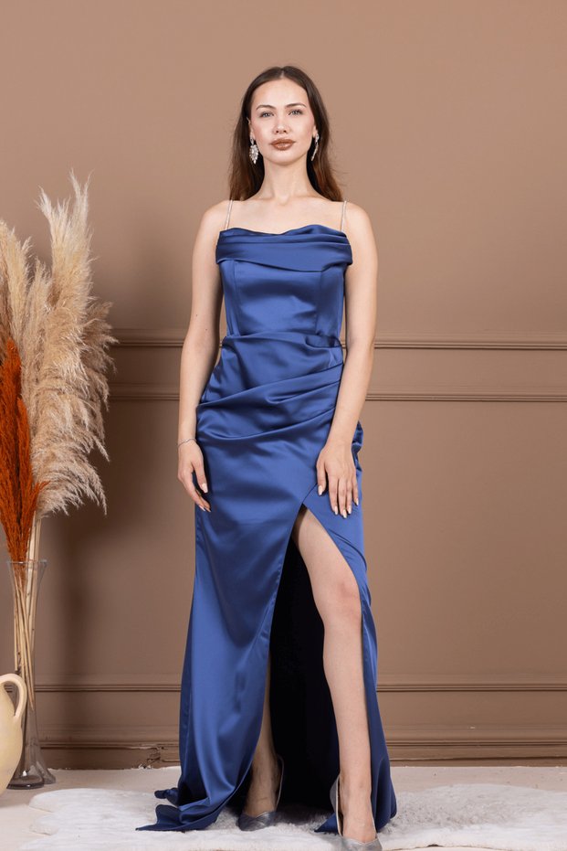 Satin Ruffled Collar Long Evening Dress - Indigo Blue