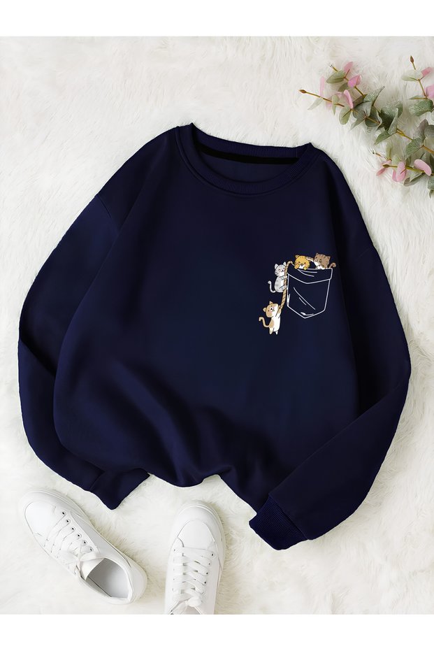 Navy Blue Women's Colorful Cat Special Chest Printed Oversize Crew Neck