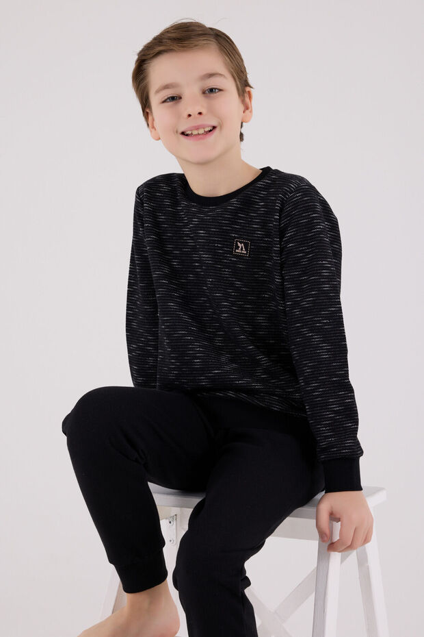 Boy's Crew Neck Pigment Printed Winter Regular Fit Black Pajama Set Ar3504-C-V1