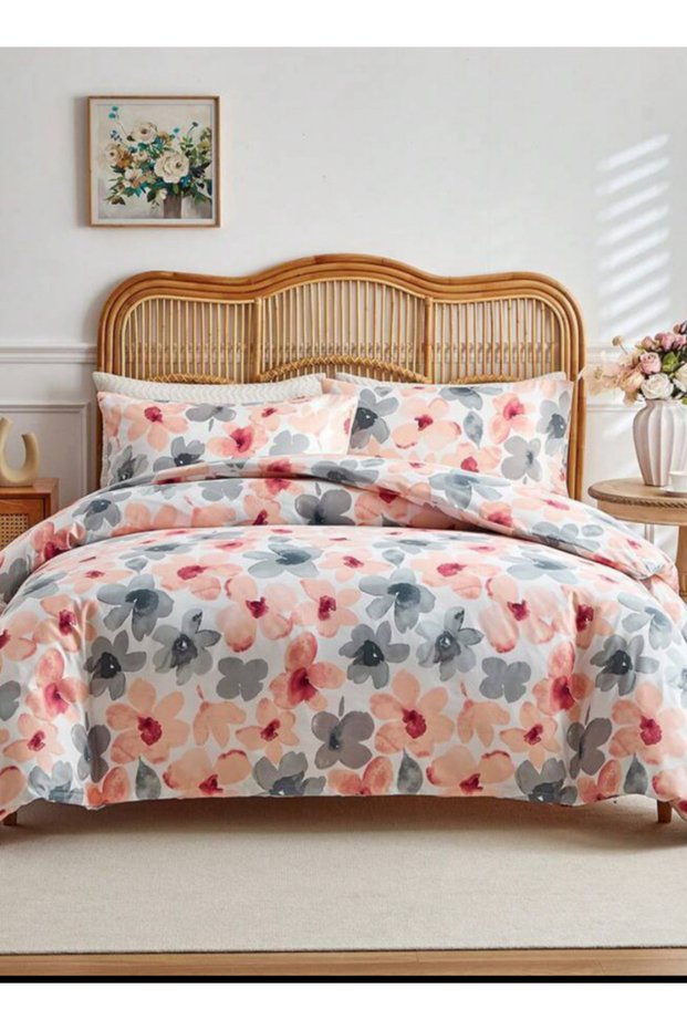 King size 6 piece duvet cover set pink and gray floral print 220x240cm.
