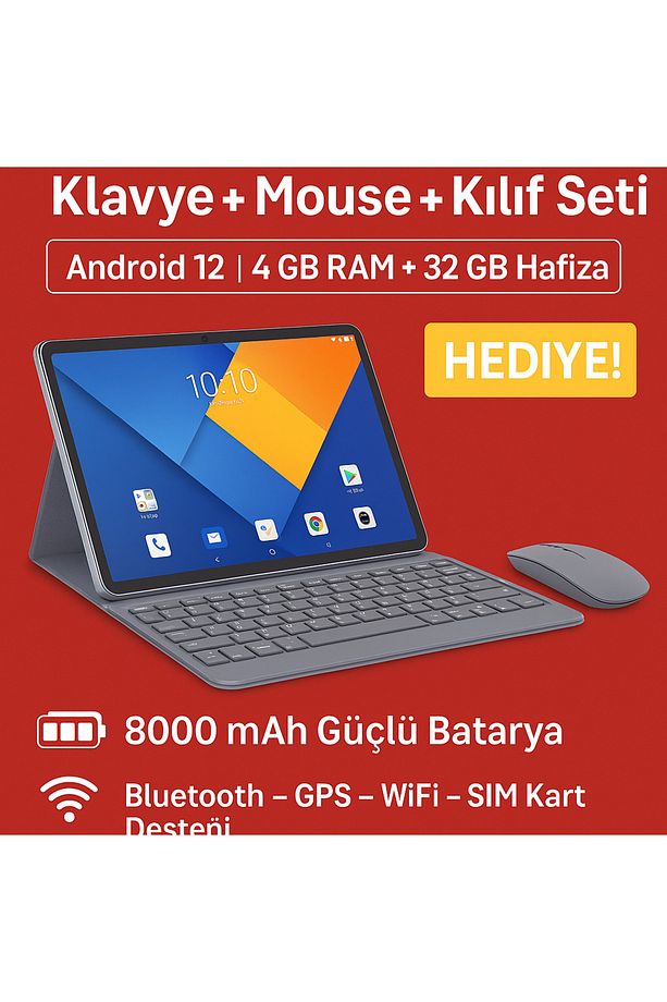 🔹 10.1" HD Tablet Seti | Android 12 | Klavye + Mouse + Kılıf HEDİYE! - 1