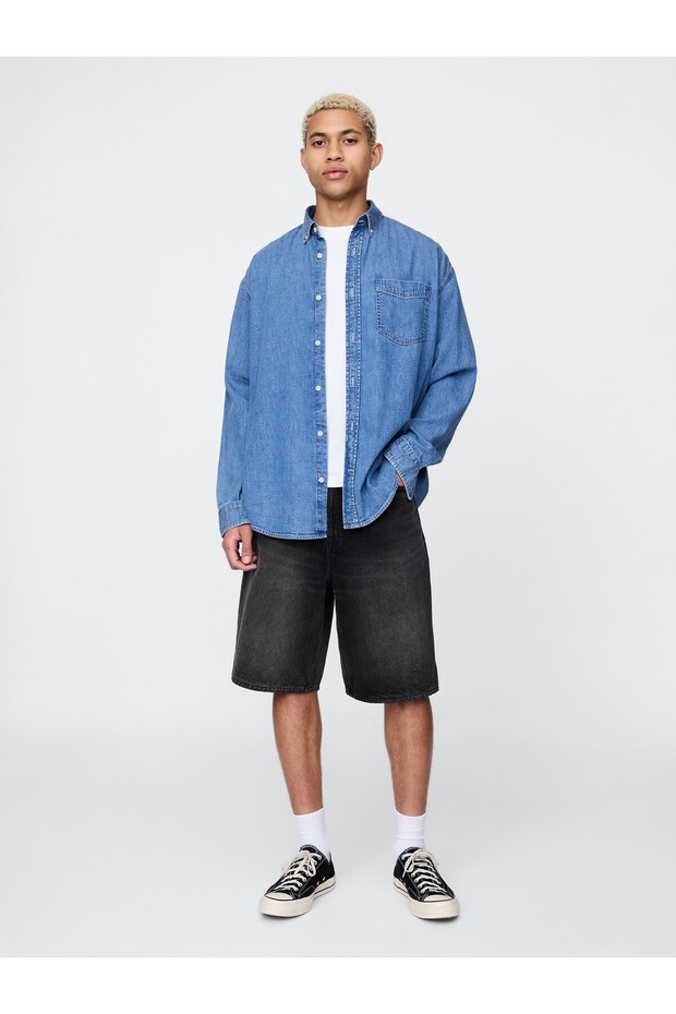 Erkek Siyah 10.5" Baggy Denim Şortlar - 1