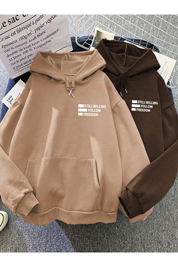 Brown 2-Piece Still Freedom Thick Winter Sweatshirt - Printed Oversize