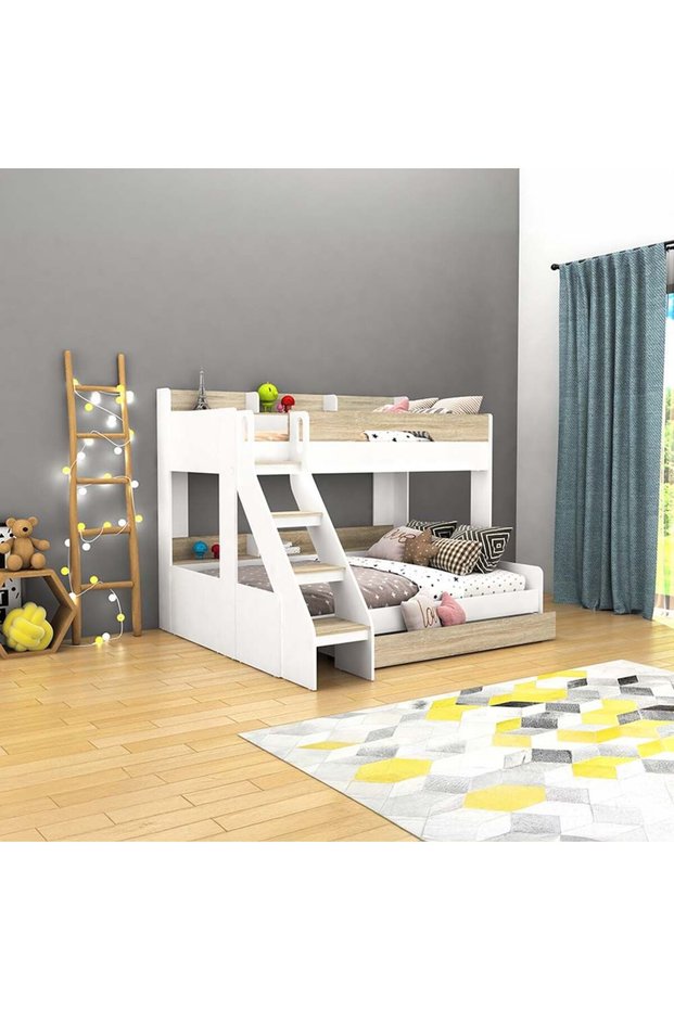 Kinder 90/120x200 Dual Size Kids Bunk Bed w/Drawer Storage-White/Sonoma Oak L205.6xW179.2xH166.5cm