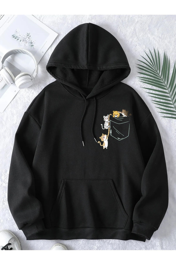 Black Women's Colorful Cat Special Chest Printed Oversize Cotton Hoodie