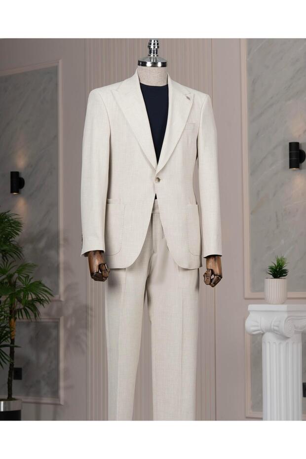 Italian Style Slim Fit Bag Pocket Jacket Pants Suit Stone T14553