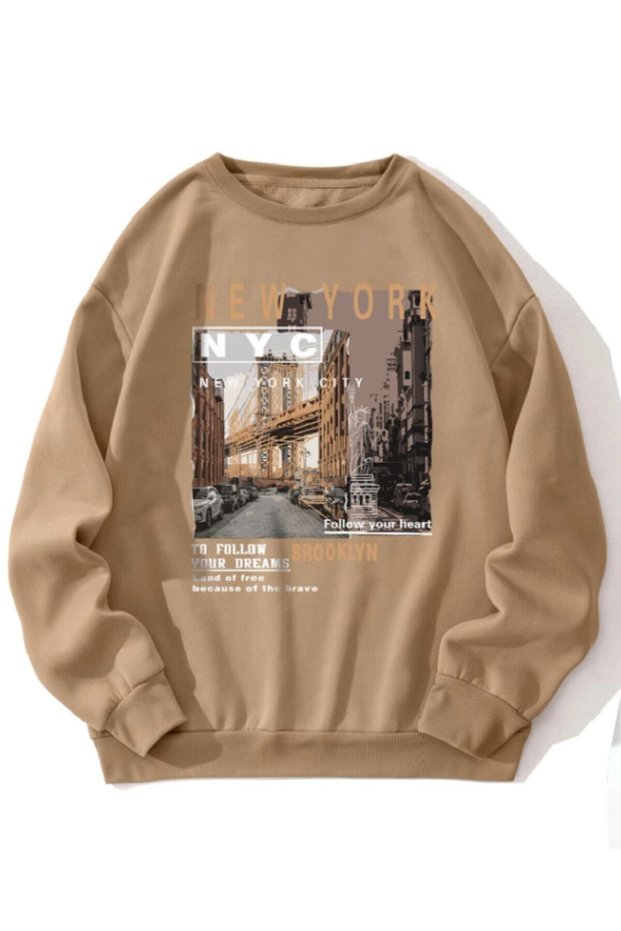 Brown Unisex Women/Men New York Nyc Colorful Oversize Crew Neck Cotton
