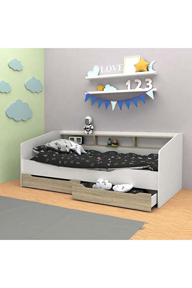 Kinder 90x190 Day Bed with Storage Headboard & 2 Drawers - White & Sonoma Oak L195xW107.5xH76cm