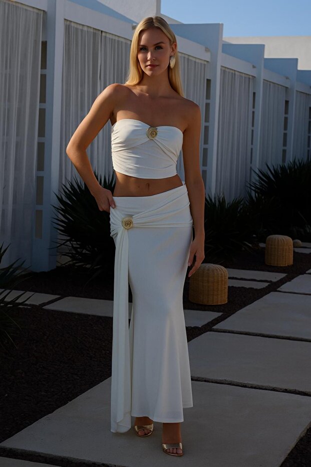 Aksesuar Detaylı Straplez Örme Şık BLUZ - 1