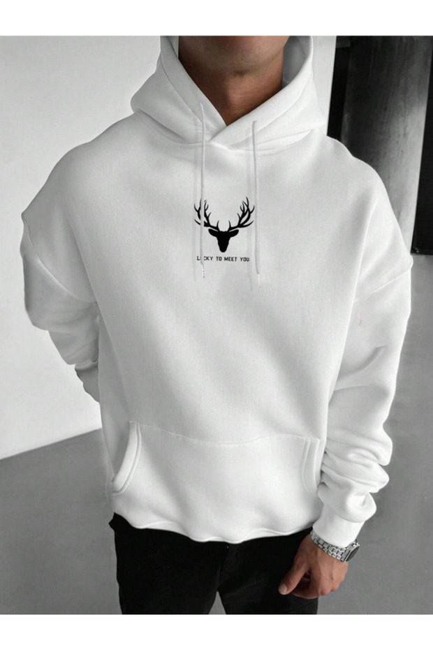White Unisex Women/Men Deer Colorful Custom Printed Cotton Oversize Hoodie