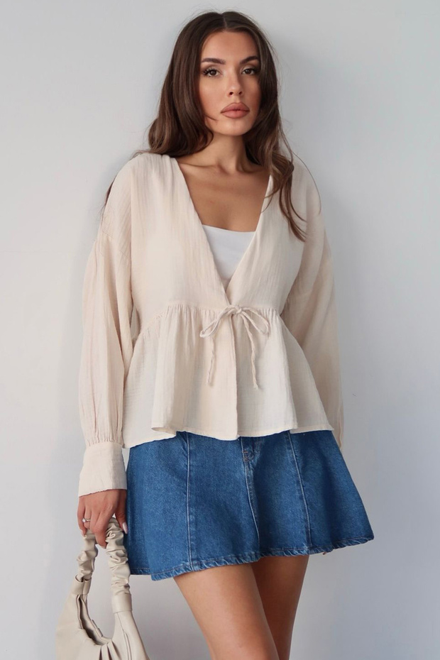 Women's Beige V-Neck Lace-Up Shirt Blouse Vs00386