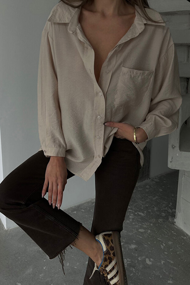 Kadın Bej Tek Cepli Uzun Kol Oversize Gömlek Vs00660 - 2