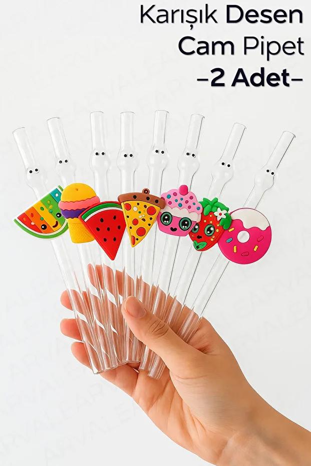 Cino Kişiselleştirilebilir Karışık Desenli Cam Pipet | Kalın Cam Pipet - 2 Adet - 1