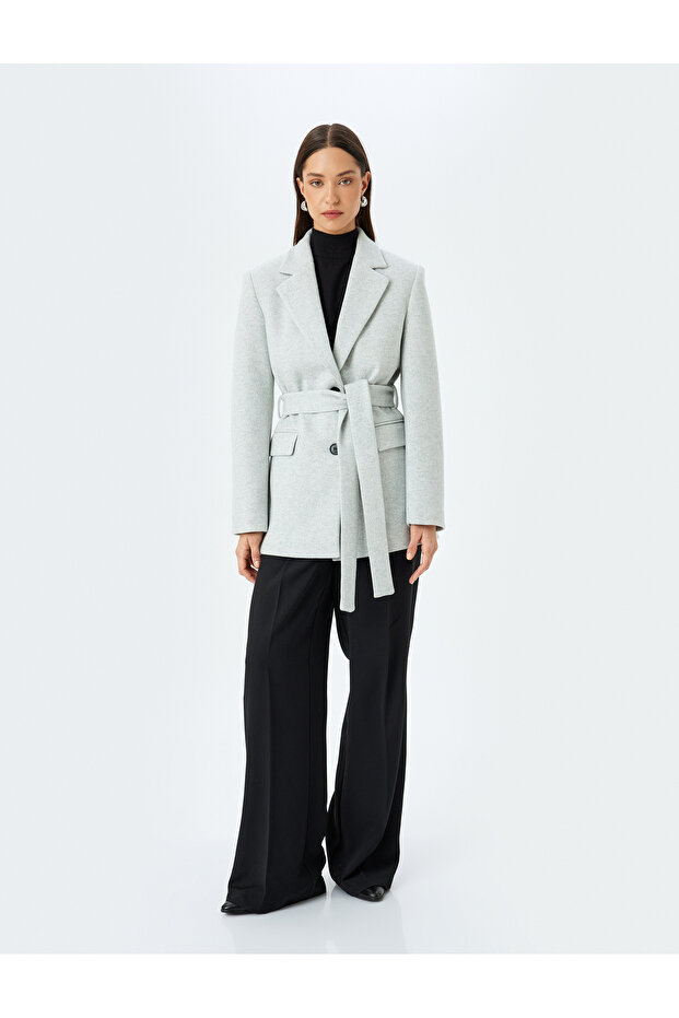 Double Breasted Belt Detailed Stamp Blazer Jacket