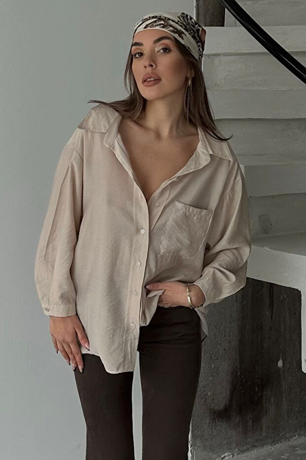 Kadın Bej Tek Cepli Uzun Kol Oversize Gömlek Vs00660 - 3