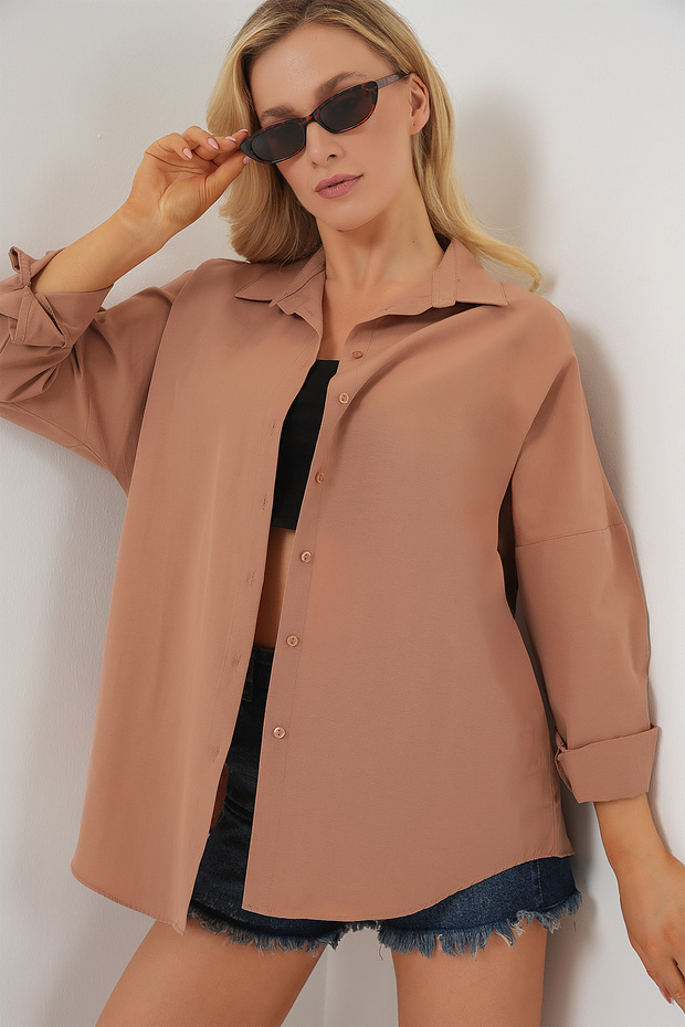 Kadın Oversize Uzun Gömlek Camel 1001 - 1