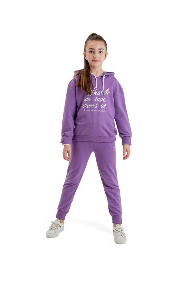 Girl's Hooded 2 Strands Seasonal 6-7-8-9-10 Years Old Track Suit Set with Ribbed Leg Details