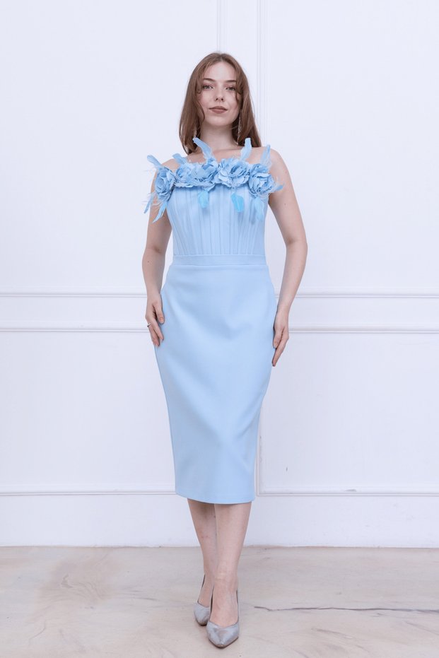 Atlas Wired Rose Detailed Pencil Long Dress - Baby Blue