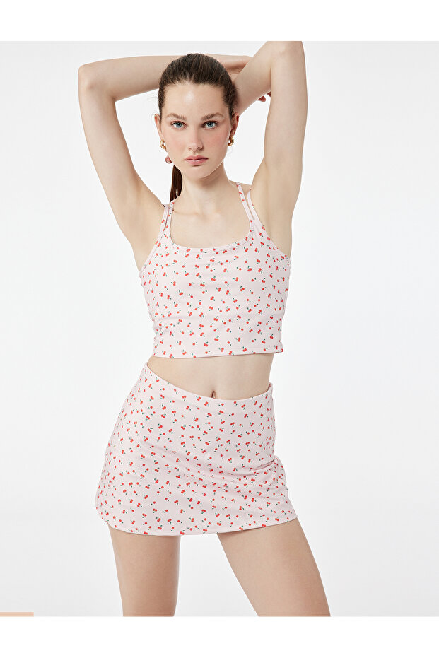 Cotton Rope Strap Cherry Printed Back Detailed Crop Sports Tank Top