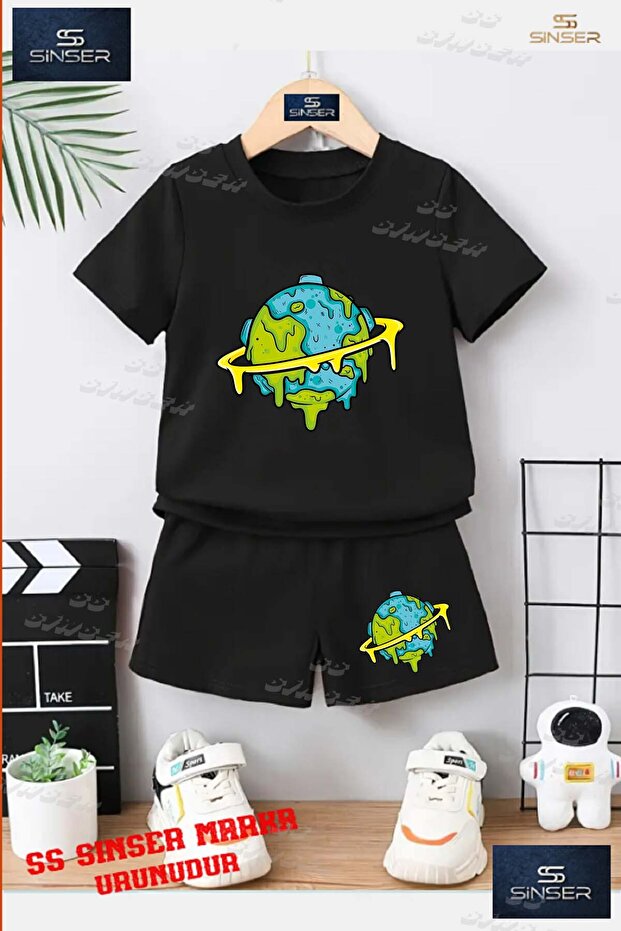 Children's Unisex “Dunya Akan Boya“ Special Printed Crew Neck T-Shirt - Shorts Set