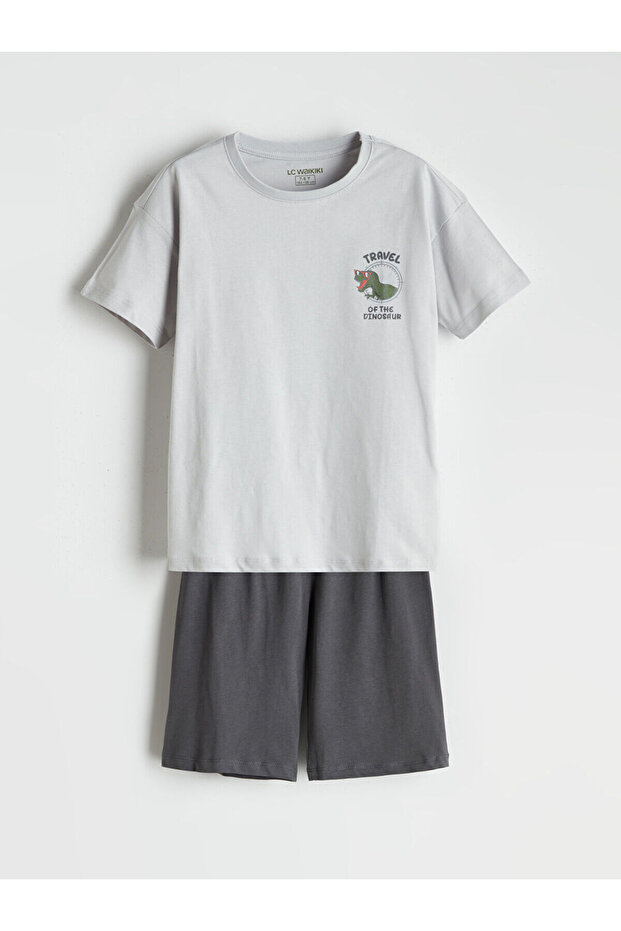 Lcw Kids Gray Crew Neck Dinosaur Printed Boys Shorts Pajama Set