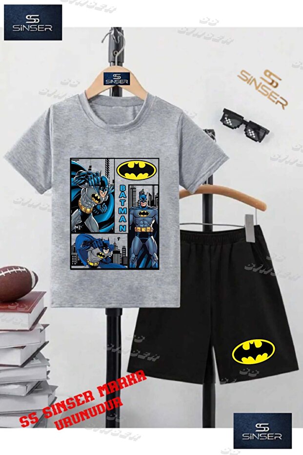 Children's Unisex “Batman Checkered Afis“ Custom Printed Crew Neck T-Shirt - Shorts Set