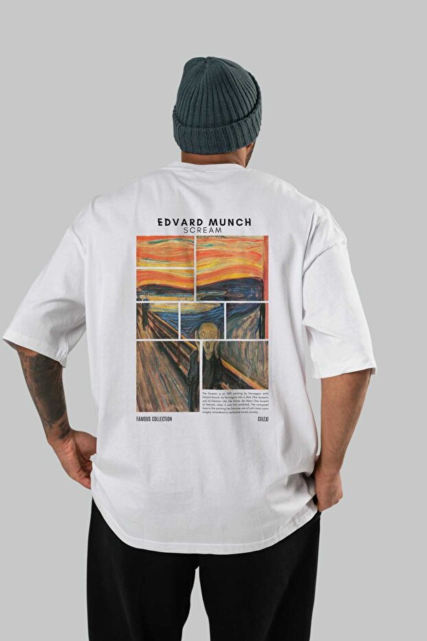 Edvard Munch Scream Back Printed White Oversize T-Shirt Men Women Crew Neck Cotton T-Shirt