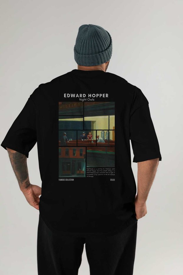 Edward Hopper Night Owls Back Printed Black Oversize T-Shirt Men Women Crew Neck Cotton T-Shirt