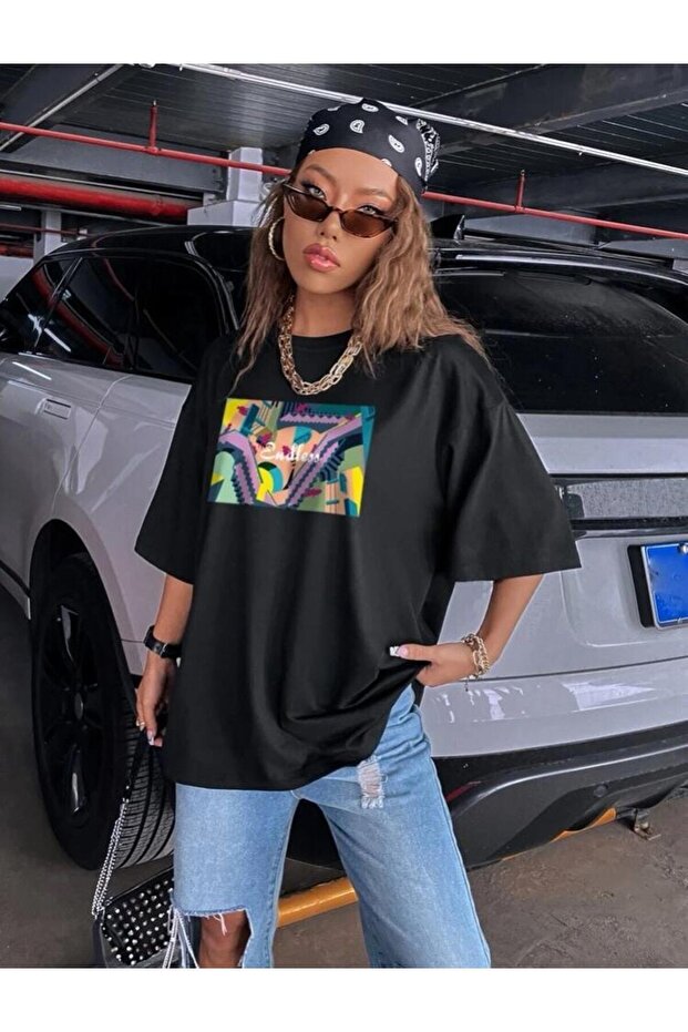 Women's Black Oversize 100% Cotton Endless Printed T-shirt
