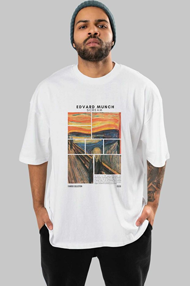 Edvard Munch Scream Front Printed White Oversize T-Shirt Men Women Crew Neck Cotton T-Shirt