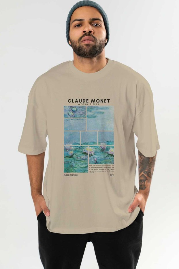 Claude Monet Front Printed Beige Oversize T-Shirt Men Women Crew Neck Cotton t Shirt