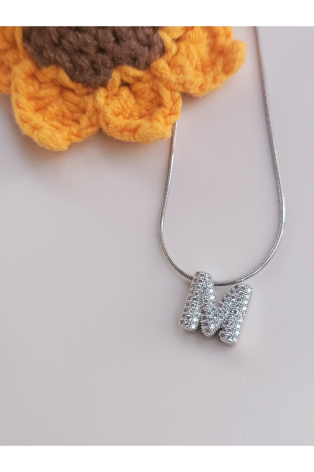 Curved Stainless Steel Stylish and Stylish Zircon Stone m Letter Necklace 1.2 cm