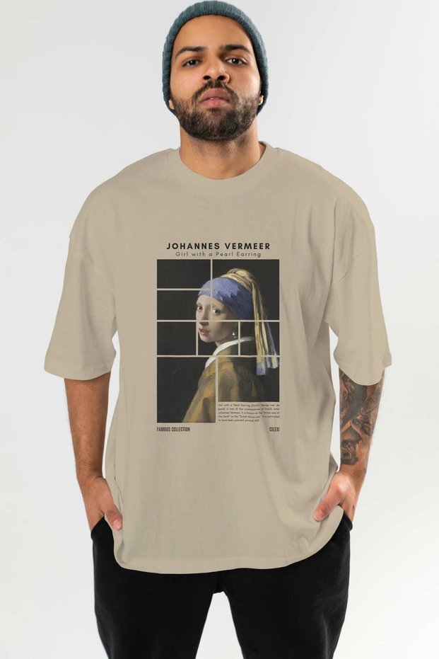 Johannes Vermeer Front Printed Beige Oversize T-Shirt Men Women Crew Neck Cotton t Shirt