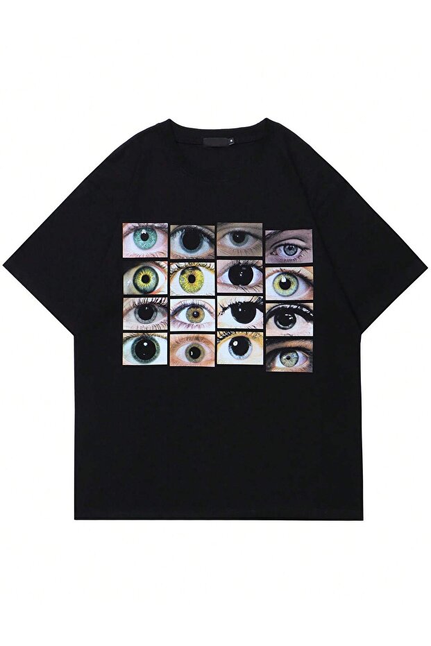 Unisex Oversize Mold Eye Printed Drop Shoulder Harajuku Style
