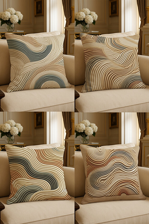 43x43 Modern Abstract Patterned Wave Decorative Cushion Cover 4-Piece Set – Beige Sand Tone Living Room Cushion