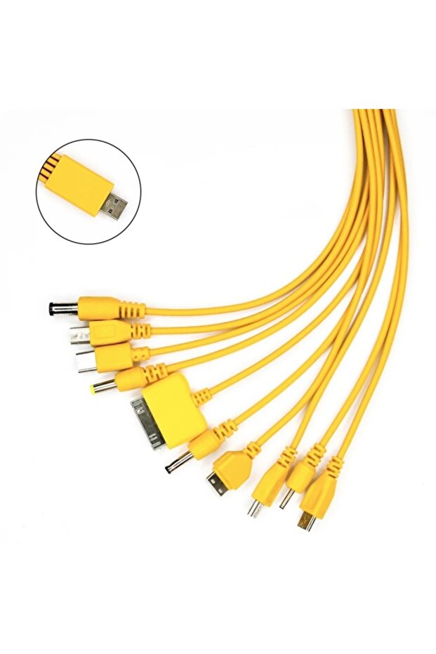 كابل USB متعدد الوظائف 10 في 1 باللون الأصفر، كابل شحن عالمي للهاتف، كابل شحن متعدد الرؤوس