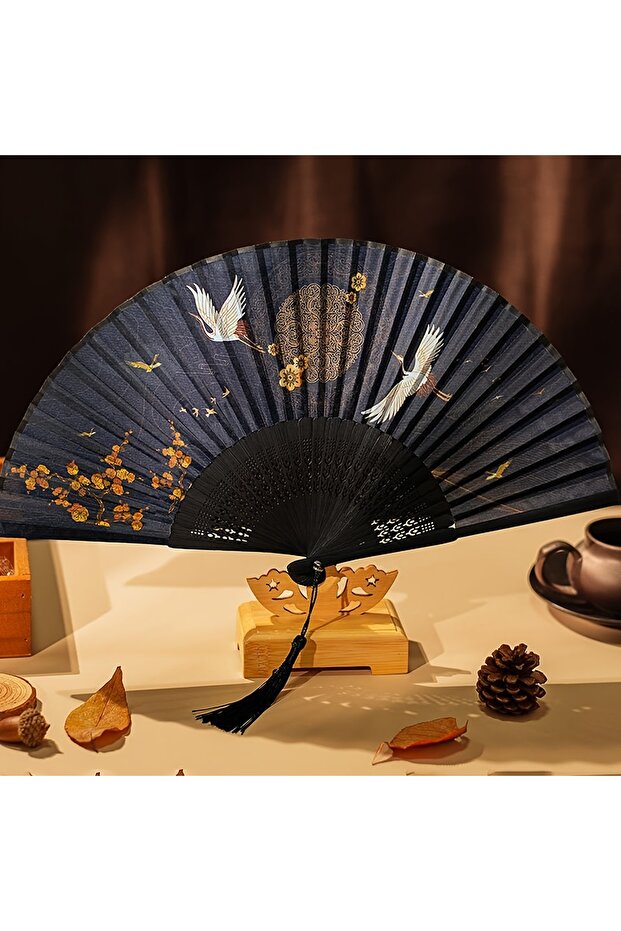 Navy 1pc Folding Bamboo Fan Ancient Style Fan Chinese Style Small Fan Dress Decoration Student Gift