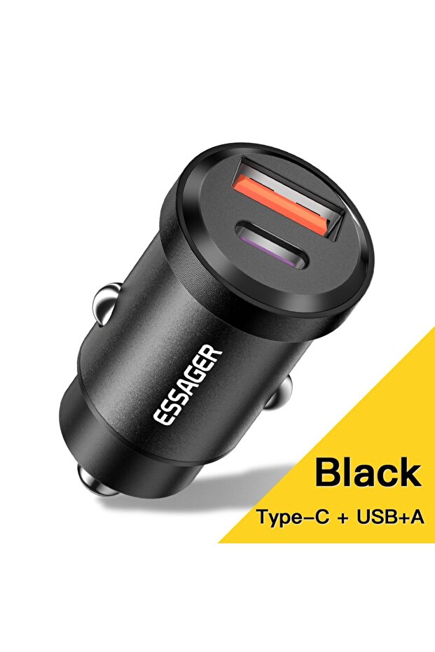 شاحن سيارة USB أسود من النوع C بقدرة 30 واط و5 أمبير، يدعم الشحن السريع PD 3.0، وتقنية الشحن السريع 4.0.