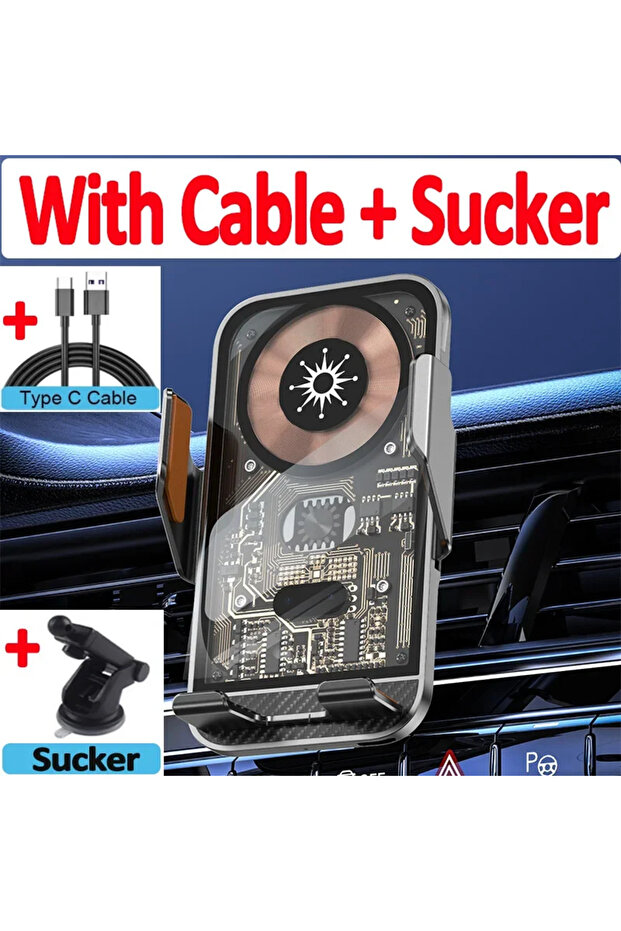 Black with sucker 30W Car Wireless Charger Auto Mount Phone Holder For iPhone 15 14 13 12
