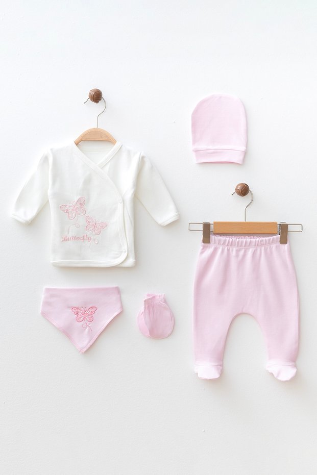 Baby Butterfly Embroidered Cotton 5-Piece Newborn Hospital Release Set Yk0832