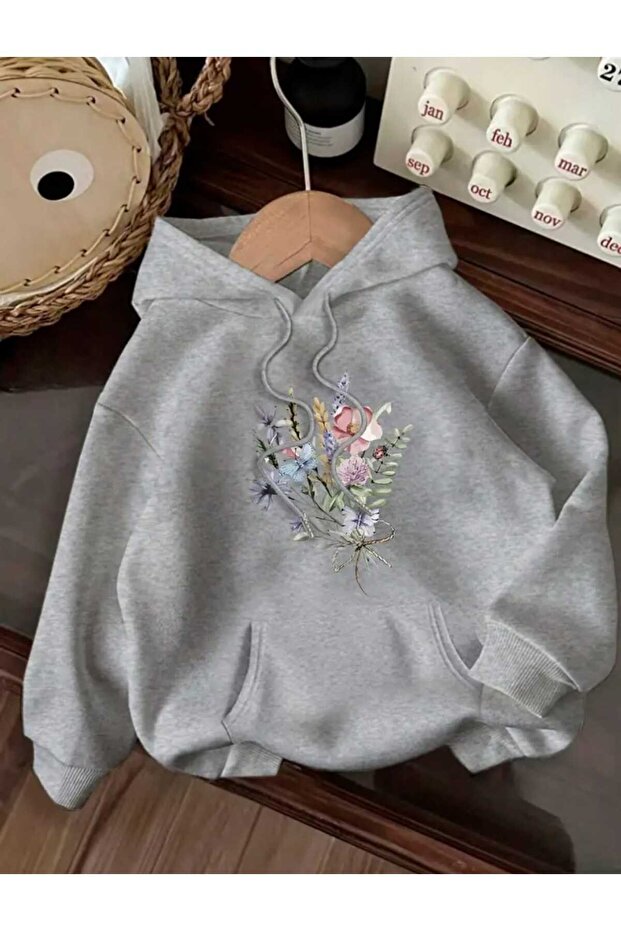 Mini Flower Bouquet Printed Hooded Pocket Cotton Gray Sweatshirt